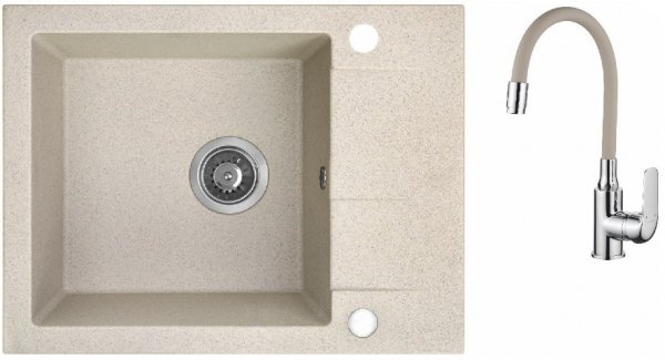 AQUAFORM - zlewozmywak granitowy MARANELLO 440 X 570 X 215 - 1 komora z 1/2 ociekacza, BEŻOWY + syfon oszczędzający miejsce z korkiem automatycznym  AQ.901-101 + bateria stojąca z wylewką elastyczną  AQ.901-1012506