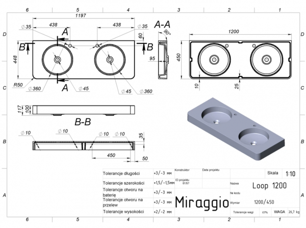 MIRAGGIO Umywalka LOOP 1200-2 MATT 8814002