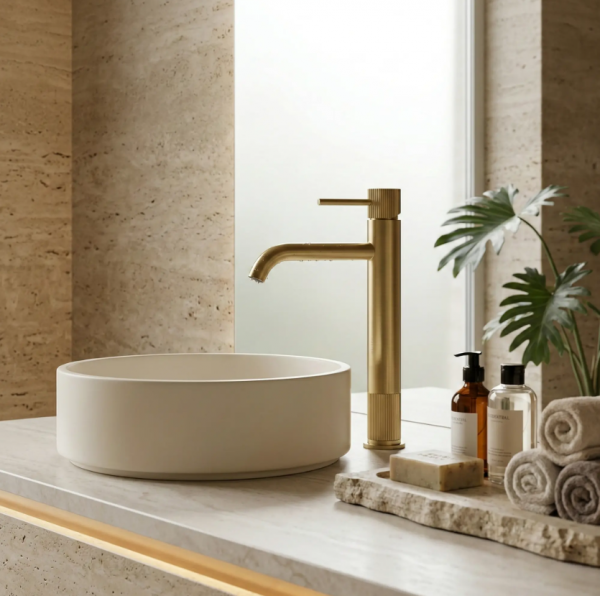 REA Bateria umywalkowa Rea Lungo Stripe Złota Szczotkowana Wysoka