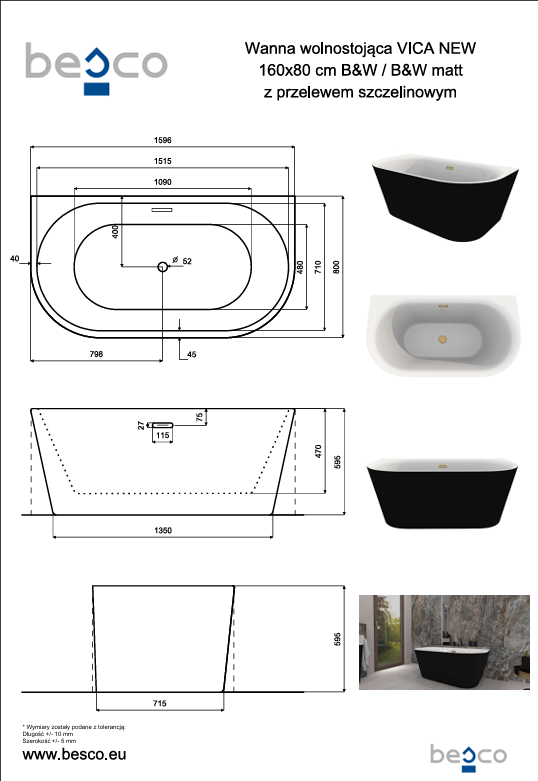 BESCO Wanna wolnostojąca Vica New B&amp;W 160 + klik-klak biały z przelewem slim #WAS-16VNBB