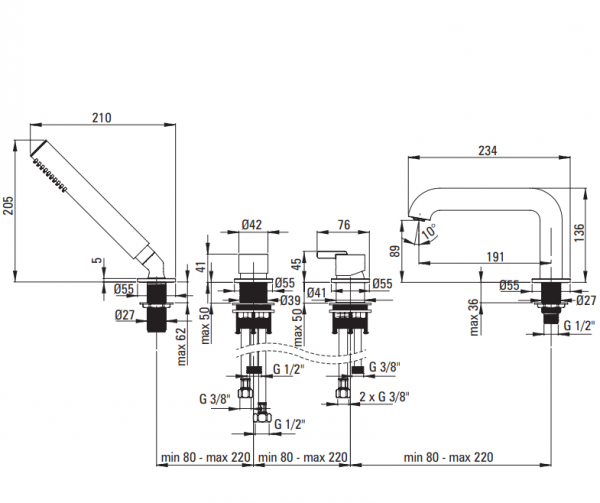 DEANTE - Bateria wannowa 4-otworowa SILIA z zestawem prysznicowym Nero/Czarny Mat BQS_N14M