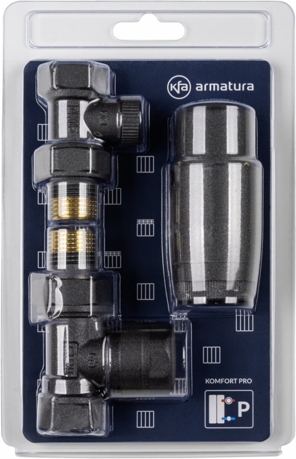 KFA ARMATURA KRAKÓW Zestaw termostatyczny grzejnikowy, prosty, KOMFORT PRO, GRAFITOWY 757-030-61-BL
