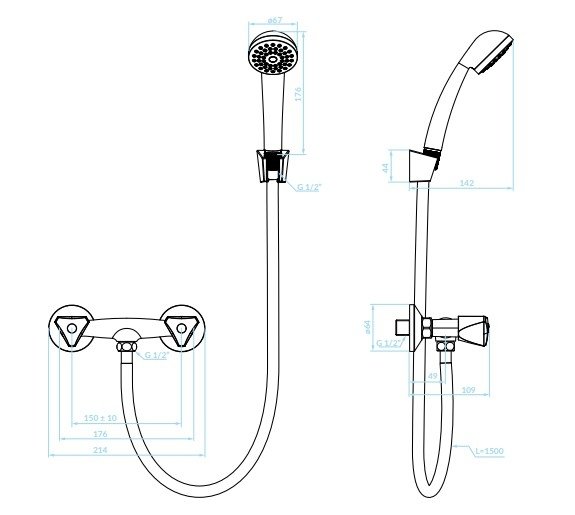 KUCHINOX - Bateria natryskowa NORM ścienna z zestawem natryskowym  BQN_041D