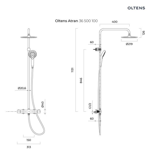 OLTENS zestaw prysznicowy termostatyczny ATRAN z deszczownicą okrągłą chrom 36500100