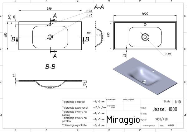 MIRAGGIO Umywalka JESSEL 100x45cm biała matowa 0000797