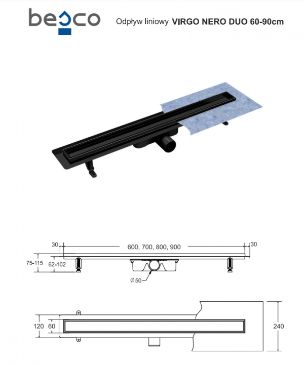 BESCO Odpływ prysznicowy liniowy Virgo Nero Duo 60x6 OL-60-VN