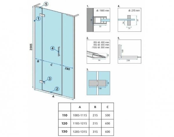 REA - Drzwi prysznicowe składane, łamane HUGO 120 Black / Czarne  + listwa magnetyczna wymagana do montażu we wnęce