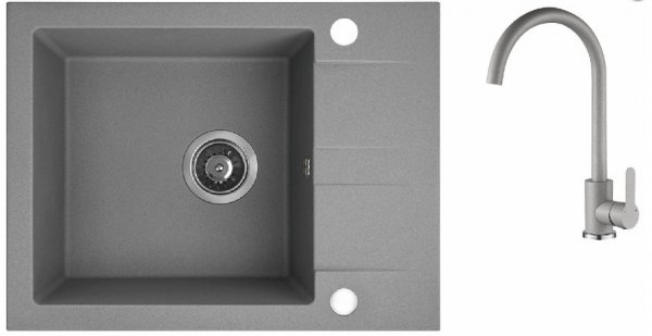 AQUAFORM - zlewozmywak granitowy MARANELLO 440 X 570 X 215 - 1 komora z 1/2 ociekacza, SZARY + syfon oszczędzający miejsce z korkiem automatycznym  AQ.901-101 + bateria stojąca z wylewką U  AQ.901-1013502