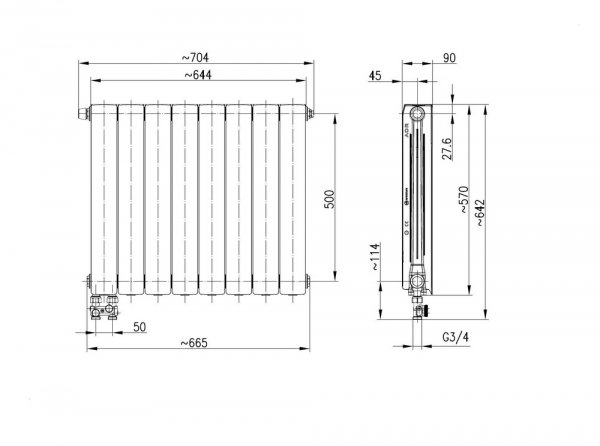 ARMATURA KRAKÓW KFA Grzejnik aluminiowy ADR500/D/8 z dolnym lewym zasilaniem prostym 763-084-44