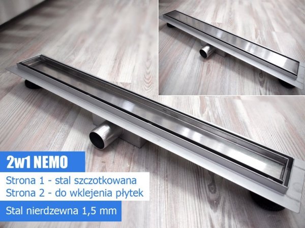 AQUALine - Odpływ liniowy 2w1 NEMO POSADZKOWY do wklejenia płytki lub gładka maskownica niski montaż 52mm - 100cm L041000