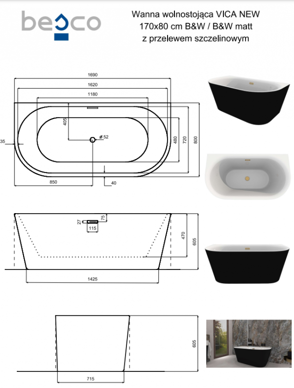 BESCO Wanna wolnostojąca Vica New Matt B&amp;W 170 + klik-klak biały z przelewem slim #WAS-17VNMBI