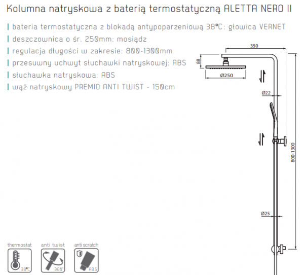 VEDO Zestaw Kolumna natryskowa z baterią termostatyczną I ALETTA NERO VBA5077/CZ