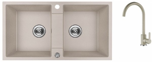 AQUAFORM - zlewozmywak granitowy MARANELLO 440 X 800 X 185 - 2 komory, BEŻOWY + syfon oszczędzający miejsce z korkiem automatycznym + bateria stojąca z wylewką U  AQ.901-2002504