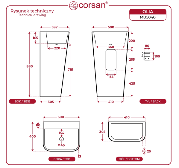 CORSAN Stojąca umywalka akrylowa OLIA z syfonem i chromowanym korkiem MU5040CHS 