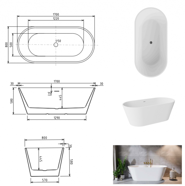 BESCO Wanna wolnostojąca Deeva 170x80 + syfon chrom #WWA-170-DCH