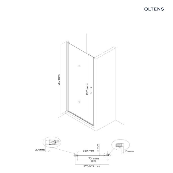 OLTENS Oltens Rinnan drzwi prysznicowe 80 cm wnękowe czarny mat/szkło przezroczyste 21207300
