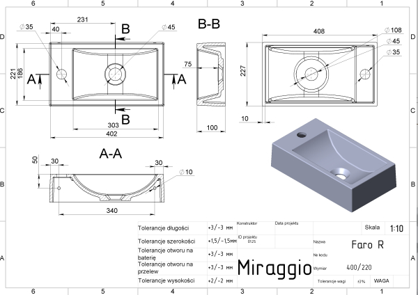 MIRAGGIO Umywalka FARO 40,8x22x7cm biała 0000194