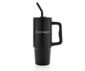 Kubek termiczny stalowy 900 ml Ice Fit z rączką i metalową słomką (czarny) Black Cobra z Twoim grawerem