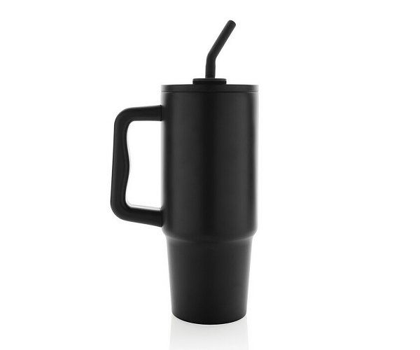 Kubek termiczny stalowy 900 ml Ice Fit z rączką i metalową słomką czarny Black Cobra z Twoim grawerem