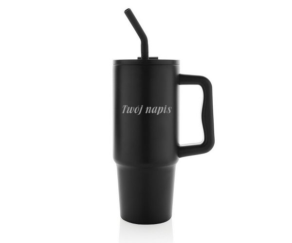 Kubek termiczny stalowy 900 ml Ice Fit z rączką i metalową słomką czarny Black Cobra z Twoim grawerem