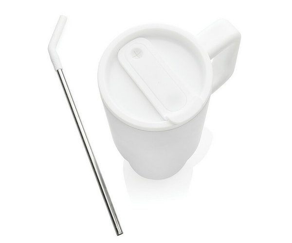 Kubek termiczny stalowy 900 ml Ice Fit z rączką i metalową słomką biały White Dream z Twoim grawerem