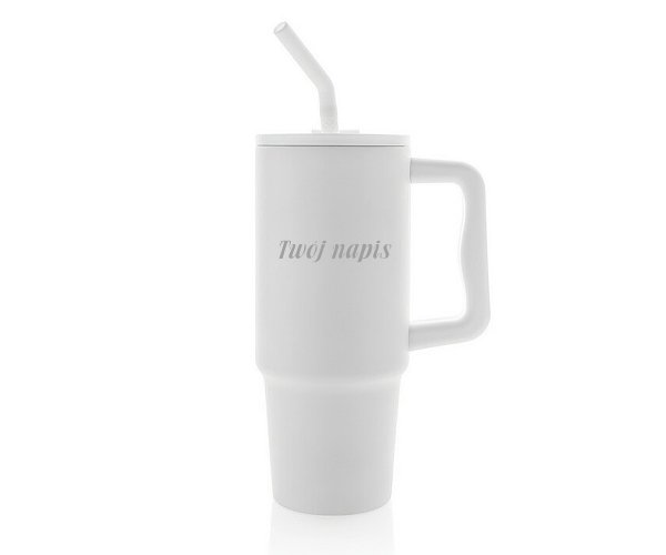 Kubek termiczny stalowy 900 ml Ice Fit z rączką i metalową słomką biały White Dream z Twoim grawerem