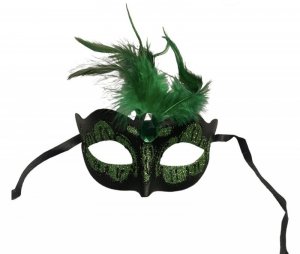 Maska-Venetian Mask Green with Green Stone and Feather