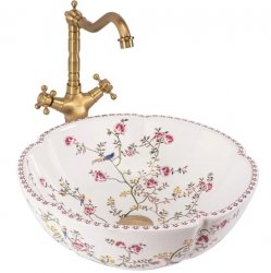 Umywalka ceramiczna, nablatowa ze wzorem REA FELICIA biała kwiaty