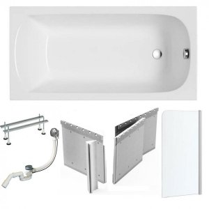 Wanna prostokątna 170x75 Classic SLIM + Zabudowa + Parawan + Syfon