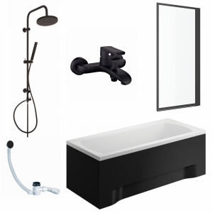 Wanna 190x90 Ines  Czarna Obudowa + Syfon + Bateria + Deszczownica