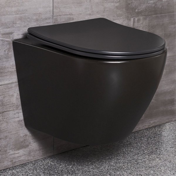 Stelaż WC + Przycisk M578+ Miska WC wisząca bez kołnierza DELOS BLACK + deska duroplast wolnoopadająca SLIM