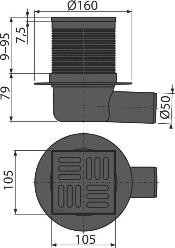Kratka ściekowa 105×105/50 mm Black odpływ boczny syfon SMART