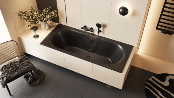 Wanna prostokątna EXCELLENT OCEANA SLIM 180x80 cm czarny mat + nogi + syfon czarny