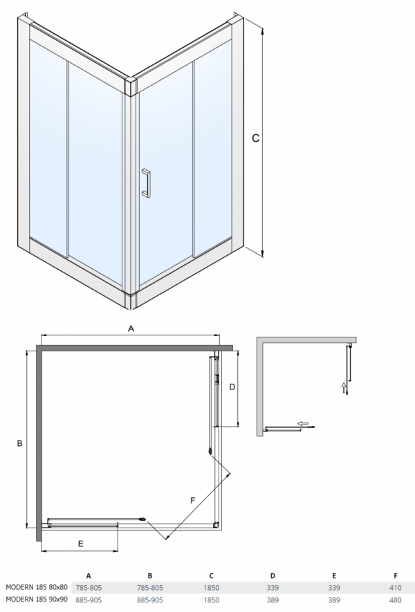 Kabina prysznicowa kwadratowa Modern 185 80x80 cm transparentna