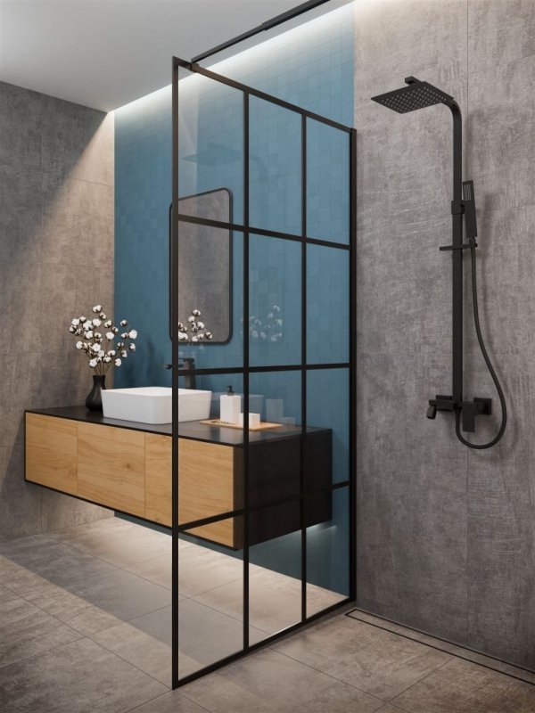 Invena ścianka walk-in 80x200 czarna kratka loft szkło 8 mm hartowane 