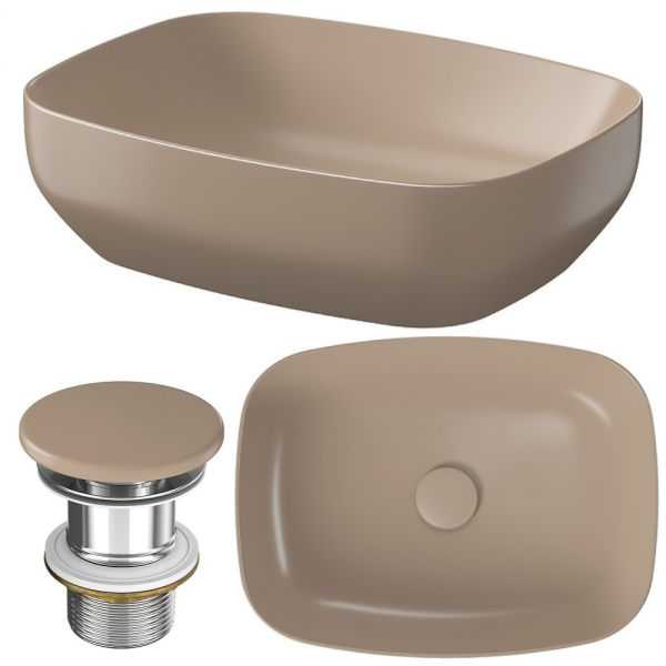 Umywalka ceramiczna nablatowa Larga prostokątna 50x38 cm brązowy mat + korek