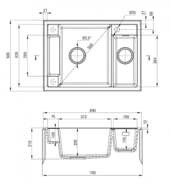 Zlewozmywak granitowy magnetyczny 1,5-komorowy bez ociekacza - Magnetic grafit metalik 69x50 ZRM_G503