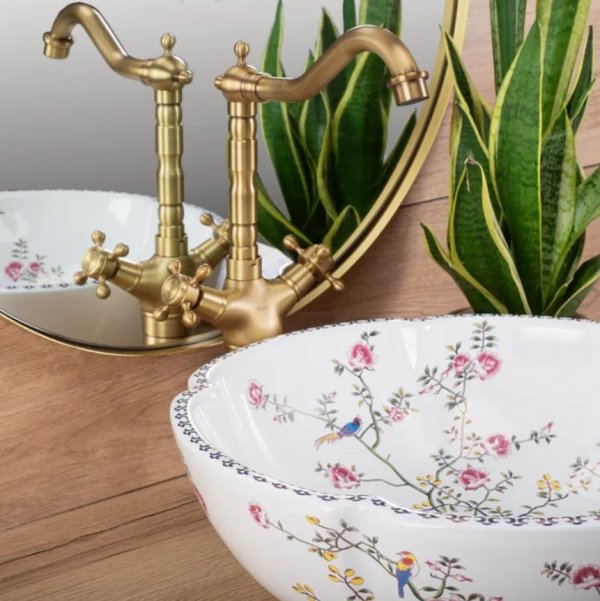 Umywalka ceramiczna, nablatowa ze wzorem REA FELICIA biała kwiaty