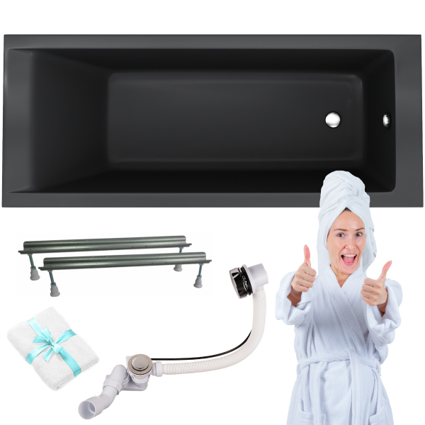 Wanna prostokątna SCHEDPOL KRONOS SLIM 170x70 czarny mat + syfon nogi