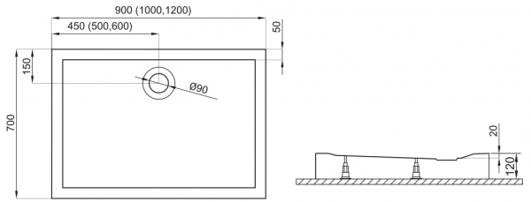 Brodzik prostokątny kompaktowy LIDER 100x70 + syfon