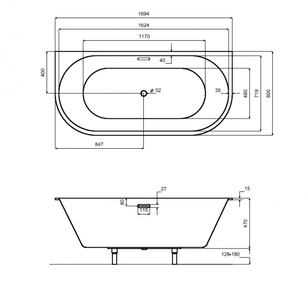 Besco Wanna przyścienna Vica Slim + 170x80 + syfon klik-klak z płaskim przelewem chrom