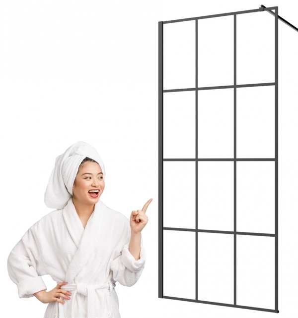Invena ścianka walk-in 100x200 czarna kratka loft szkło 8 mm hartowane 