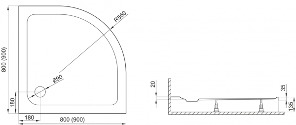 Brodzik półokrągły STANDARD 90x90+obudowa+syfon