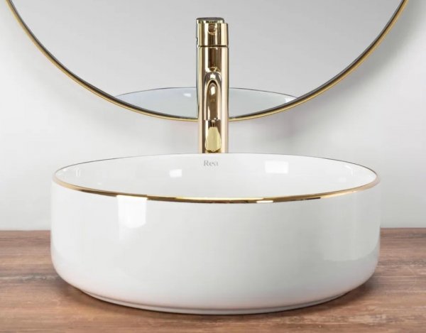 Umywalka ceramiczna nablatowa okrągła REA SAMI GOLD EDGE biała złoty rant