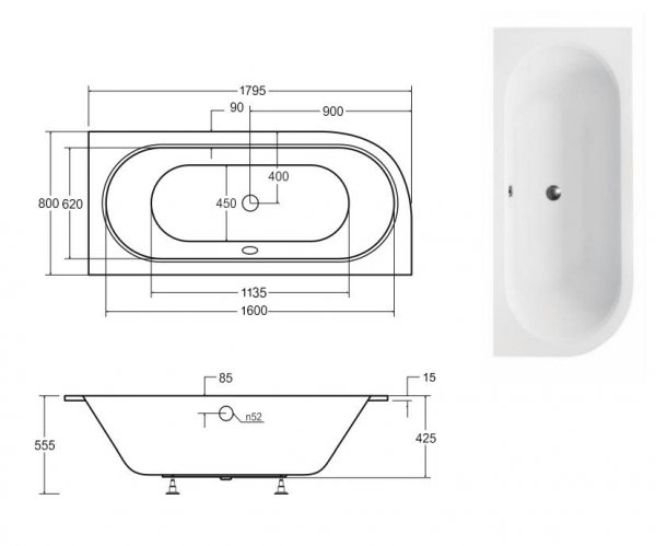 BESCO Wanna 180x80 Avita Slim Prawa + Syfon