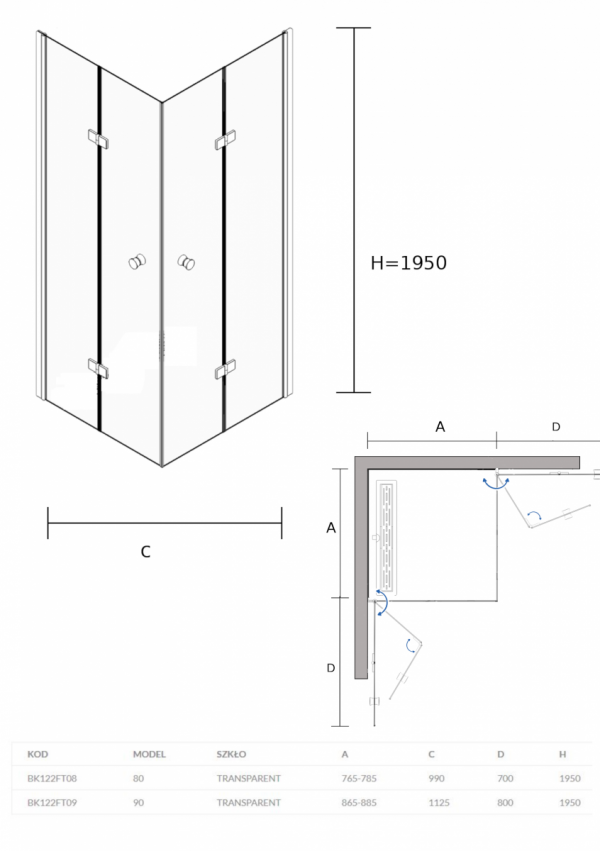 Kabina kwadratowa bezprofilowa 80x80 Foldex szkło przejrzyste
