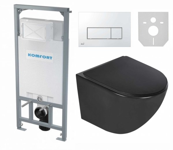 Stelaż WC + Przycisk M571+ Miska WC wisząca bez kołnierza DELOS BLACK + deska duroplast wolnoopadająca SLIM