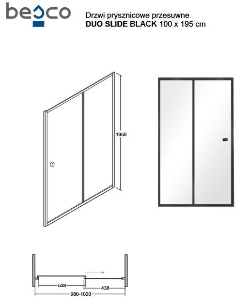 Drzwi prysznicowe przesuwne Duo Slide czarny mat 100x195 