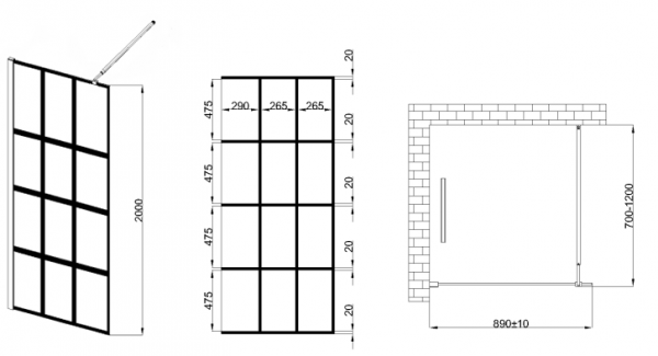 Invena ścianka walk-in 90x200 czarna kratka loft szkło 8 mm hartowane 