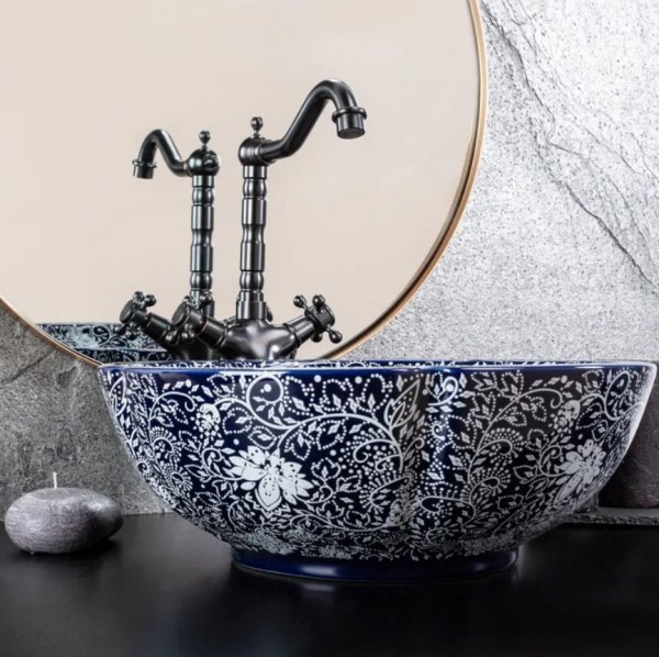 Umywalka ceramiczna, nablatowa ze wzorem REA SEVILLA granatowa, orientalna